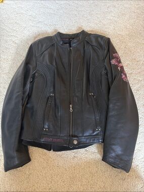 Harley-Davidson Leather Seduction Jacket w/Pink Floral Sleeve & insert zip crew